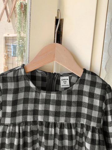 Blossori Young Girls French Elegant Black And White Plaid Patchwork Woven Figure Hugging Long Sleeve Dress, Autumn/Winter
