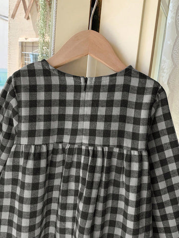 Blossori Young Girls French Elegant Black And White Plaid Patchwork Woven Figure Hugging Long Sleeve Dress, Autumn/Winter