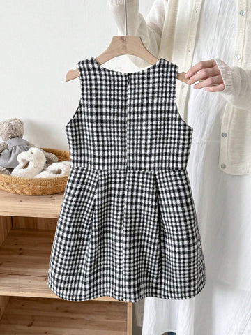 Blossori Young Girls French Elegant Black And White Plaid Woven Fitted Sleeveless Dress, Autumn/Winter