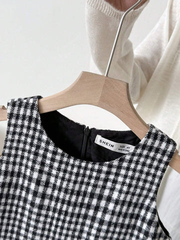 Blossori Young Girls French Elegant Black And White Plaid Woven Fitted Sleeveless Dress, Autumn/Winter