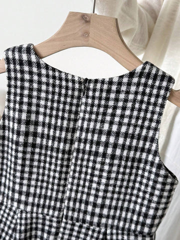Blossori Young Girls French Elegant Black And White Plaid Woven Fitted Sleeveless Dress, Autumn/Winter