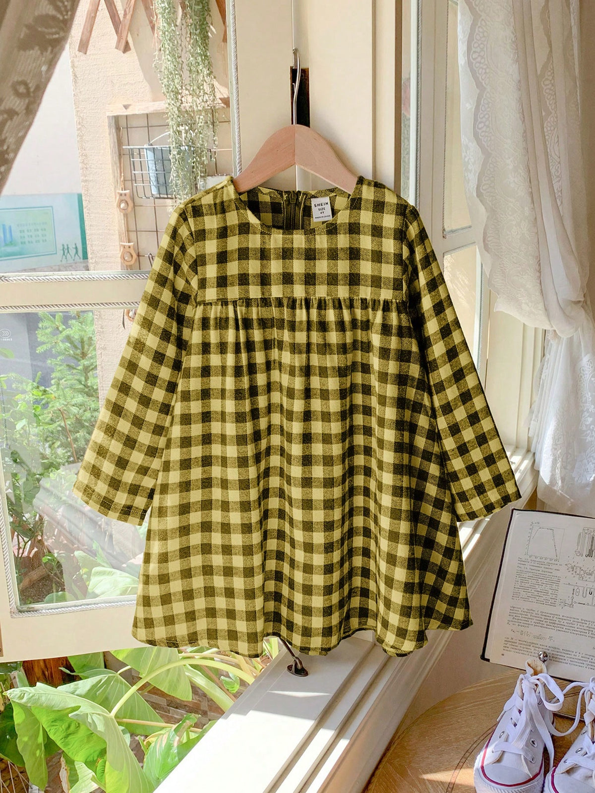 Blossori Young Girls' French Elegant Black & White Plaid Patchwork Woven Fitted Long Sleeve Dress, Autumn/Winter