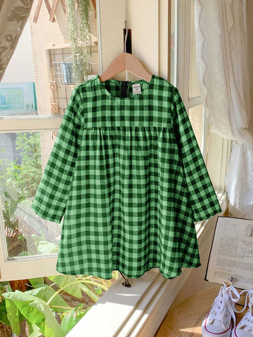 Blossori Young Girls' French Elegant Black & White Plaid Patchwork Woven Fitted Long Sleeve Dress, Autumn/Winter