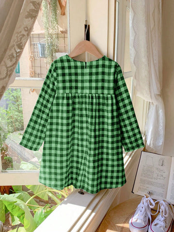 Blossori Young Girls' French Elegant Black & White Plaid Patchwork Woven Fitted Long Sleeve Dress, Autumn/Winter