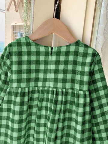 Blossori Young Girls' French Elegant Black & White Plaid Patchwork Woven Fitted Long Sleeve Dress, Autumn/Winter