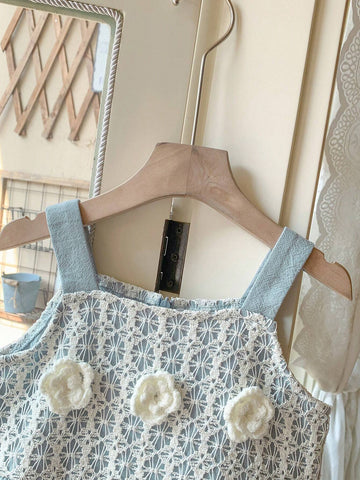 Blossori Young Girls' French Elegant Blue 3D Floral Decor Loose Camisole Dress, Spring/Summer