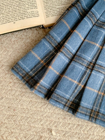 Blossori Young Girls' French Elegant Blue Plaid Pleated Loose Elastic Waist A-Line Skirt, Autumn/Winter