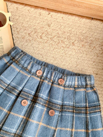 Blossori Young Girls' French Elegant Blue Plaid Pleated Loose Elastic Waist A-Line Skirt, Autumn/Winter