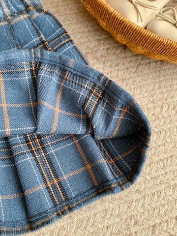 Blossori Young Girls' French Elegant Blue Plaid Pleated Loose Elastic Waist A-Line Skirt, Autumn/Winter