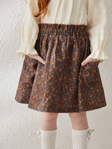 Blossori Young Girls' French Elegant Brown Floral Printed Loose A-Line Midi Skirt, Autumn/Winter