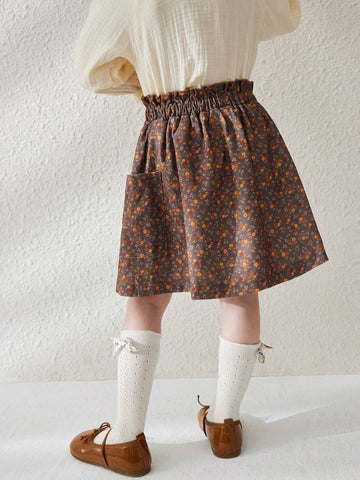 Blossori Young Girls' French Elegant Brown Floral Printed Loose A-Line Midi Skirt, Autumn/Winter