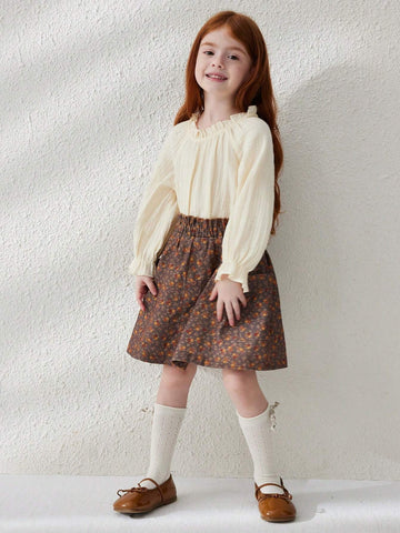 Blossori Young Girls' French Elegant Brown Floral Printed Loose A-Line Midi Skirt, Autumn/Winter