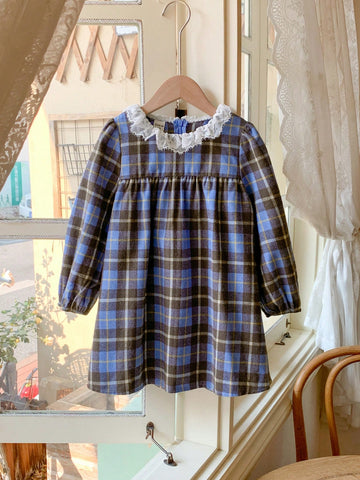 Blossori Young Girls' French Elegant Checkered Frilled Loose Long Sleeve Dress