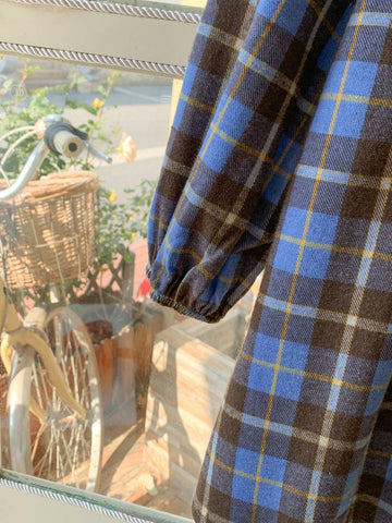 Blossori Young Girls' French Elegant Checkered Frilled Loose Long Sleeve Dress