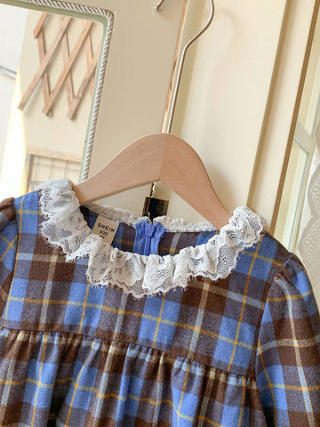 Blossori Young Girls' French Elegant Checkered Frilled Loose Long Sleeve Dress