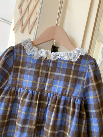 Blossori Young Girls' French Elegant Checkered Frilled Loose Long Sleeve Dress