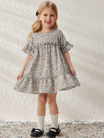 Blossori Young Girls' French Elegant Ditsy Floral Loose Round Neck Woven Dress, Spring/Summer