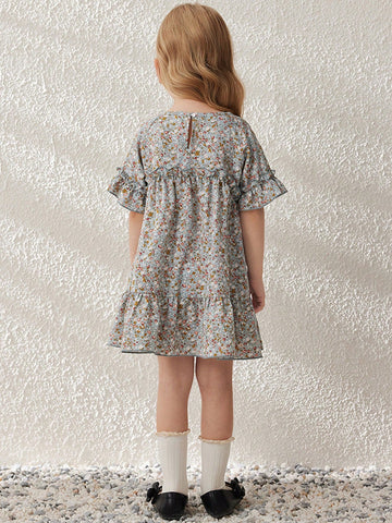 Blossori Young Girls' French Elegant Ditsy Floral Loose Round Neck Woven Dress, Spring/Summer