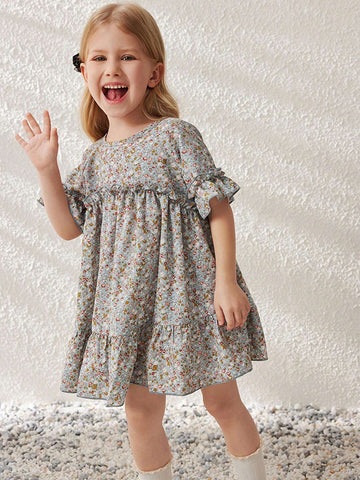 Blossori Young Girls' French Elegant Ditsy Floral Loose Round Neck Woven Dress, Spring/Summer