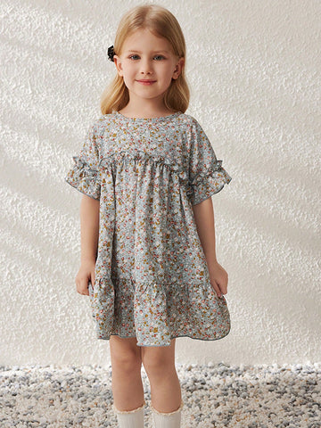 Blossori Young Girls' French Elegant Ditsy Floral Loose Round Neck Woven Dress, Spring/Summer