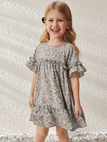 Blossori Young Girls' French Elegant Ditsy Floral Loose Round Neck Woven Dress, Spring/Summer