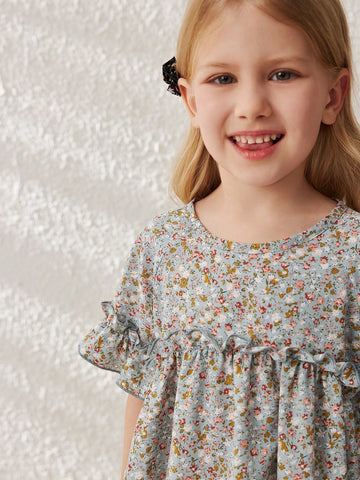 Blossori Young Girls' French Elegant Ditsy Floral Loose Round Neck Woven Dress, Spring/Summer