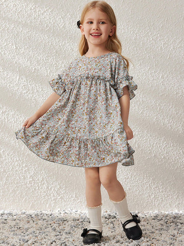 Blossori Young Girls' French Elegant Ditsy Floral Loose Round Neck Woven Dress, Spring/Summer