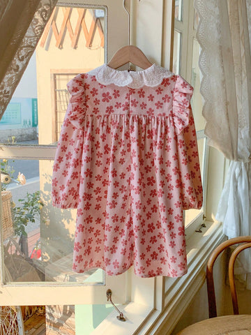 Blossori Young Girls' French Elegant Ditsy Floral Loose Turndown Collar Dress, Spring/Summer