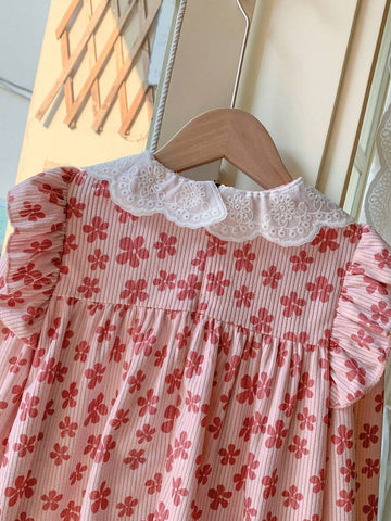 Blossori Young Girls' French Elegant Ditsy Floral Loose Turndown Collar Dress, Spring/Summer