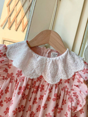 Blossori Young Girls' French Elegant Ditsy Floral Loose Turndown Collar Dress, Spring/Summer