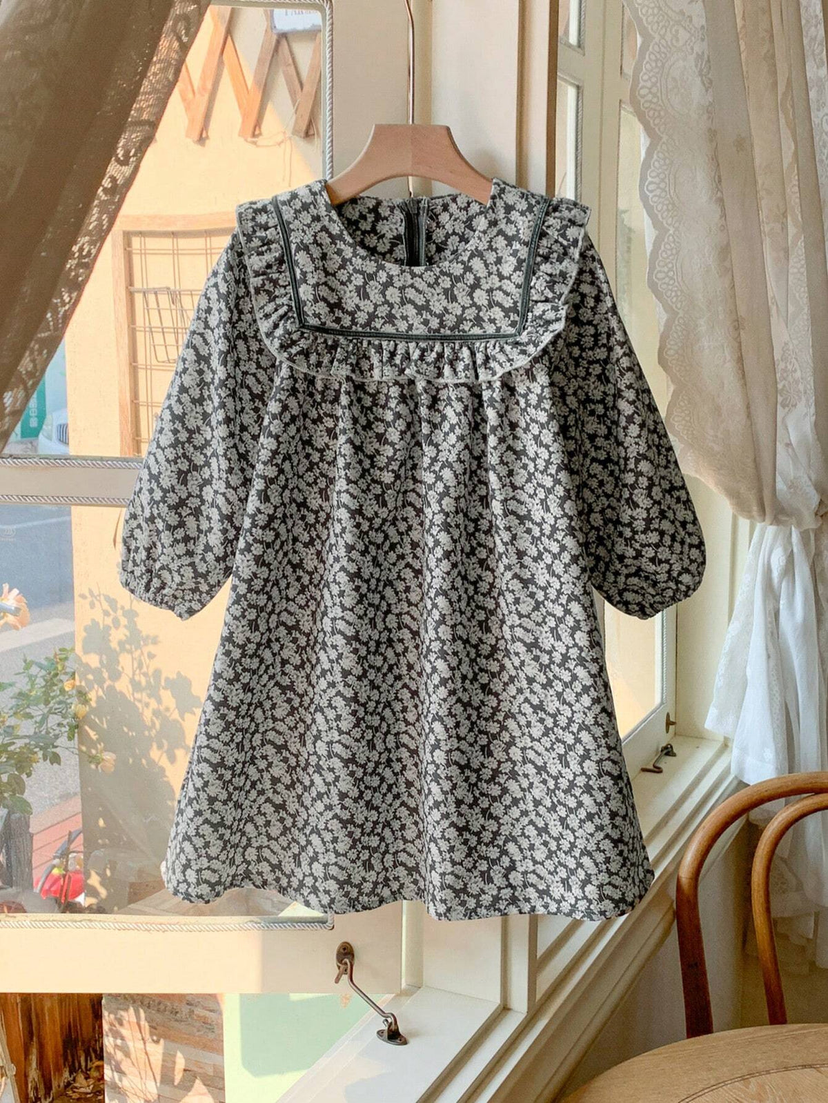 Blossori Young Girls' French Elegant Floral Lace Trim Loose Long Sleeve Dress