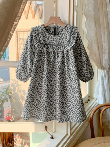 Blossori Young Girls' French Elegant Floral Lace Trim Loose Long Sleeve Dress