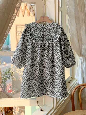 Blossori Young Girls' French Elegant Floral Lace Trim Loose Long Sleeve Dress