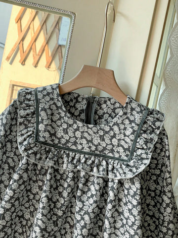 Blossori Young Girls' French Elegant Floral Lace Trim Loose Long Sleeve Dress