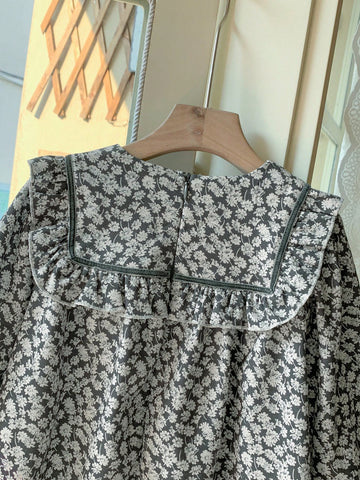 Blossori Young Girls' French Elegant Floral Lace Trim Loose Long Sleeve Dress