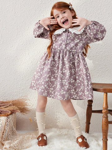 Blossori Young Girls' French Elegant Khaki Ditsy Floral Loose Oversized Collar Dress, Autumn/Winter