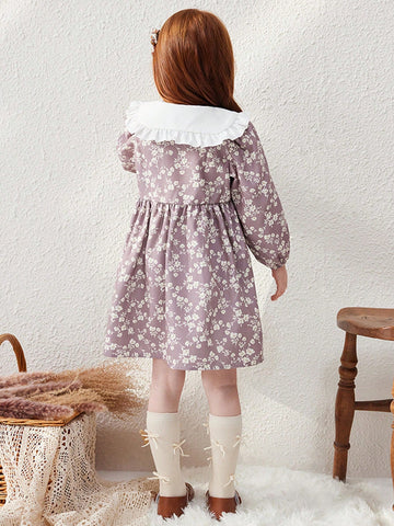Blossori Young Girls' French Elegant Khaki Ditsy Floral Loose Oversized Collar Dress, Autumn/Winter