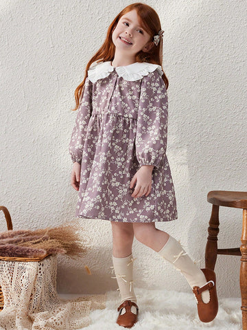 Blossori Young Girls' French Elegant Khaki Ditsy Floral Loose Oversized Collar Dress, Autumn/Winter