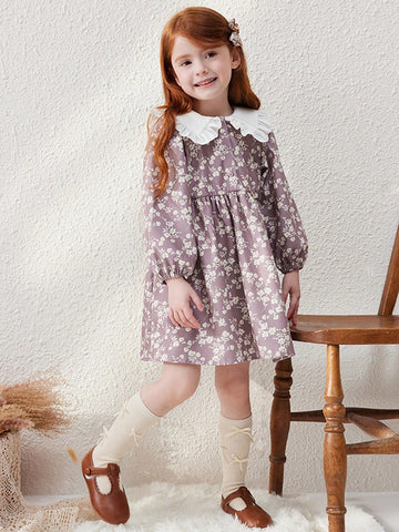 Blossori Young Girls' French Elegant Khaki Ditsy Floral Loose Oversized Collar Dress, Autumn/Winter