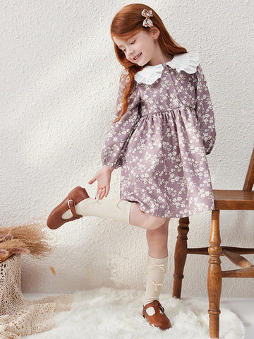 Blossori Young Girls' French Elegant Khaki Ditsy Floral Loose Oversized Collar Dress, Autumn/Winter