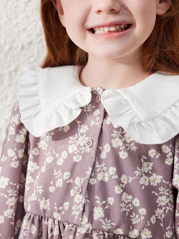 Blossori Young Girls' French Elegant Khaki Ditsy Floral Loose Oversized Collar Dress, Autumn/Winter