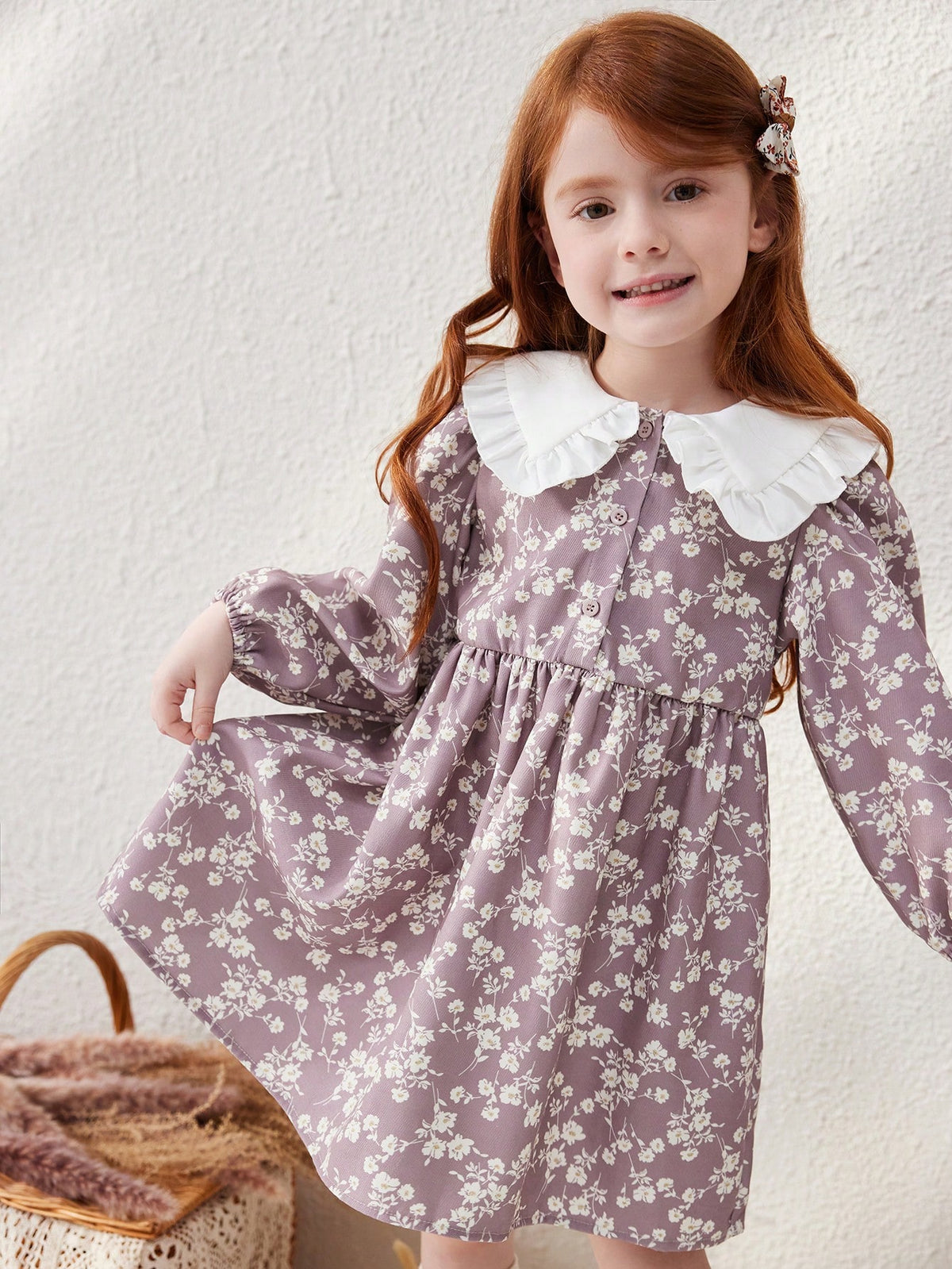 Blossori Young Girls' French Elegant Khaki Ditsy Floral Loose Oversized Collar Dress, Autumn/Winter