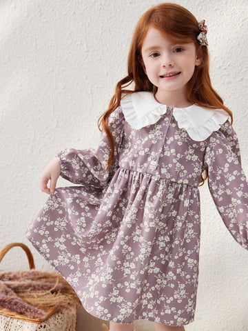Blossori Young Girls' French Elegant Khaki Ditsy Floral Loose Oversized Collar Dress, Autumn/Winter