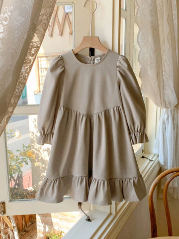 Blossori Young Girls French Elegant Khaki Woven Round Neck Dress, Spring & Summer