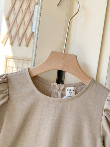 Blossori Young Girls French Elegant Khaki Woven Round Neck Dress, Spring & Summer