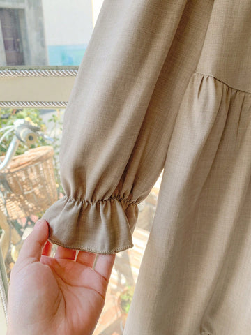 Blossori Young Girls French Elegant Khaki Woven Round Neck Dress, Spring & Summer