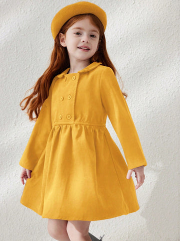 Blossori Young Girls' French Elegant Minimalist Double-Breasted Velvet Collar Long Sleeve Dresses