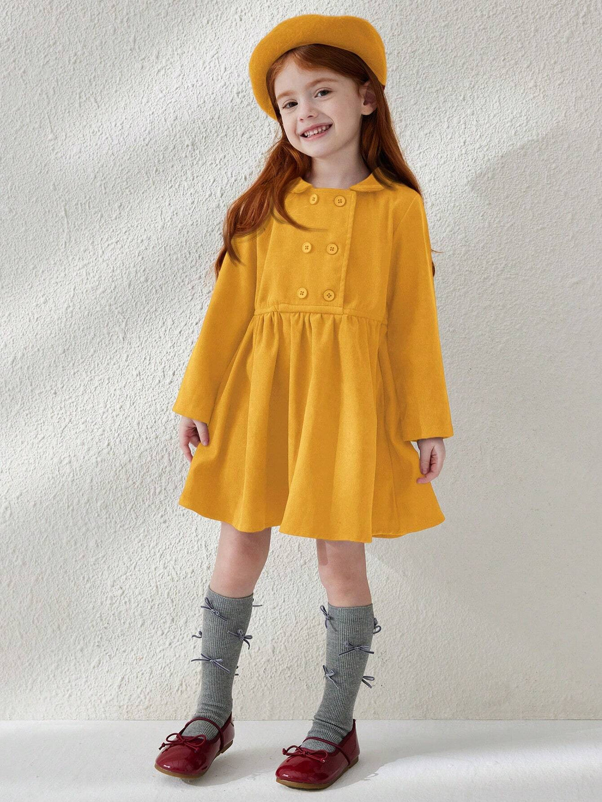 Blossori Young Girls' French Elegant Minimalist Double-Breasted Velvet Collar Long Sleeve Dresses