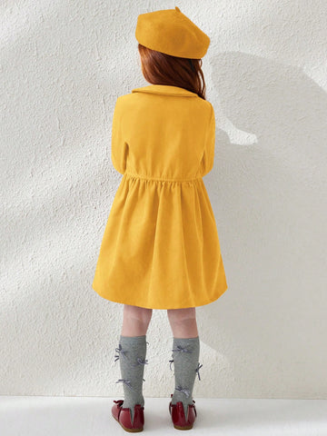 Blossori Young Girls' French Elegant Minimalist Double-Breasted Velvet Collar Long Sleeve Dresses