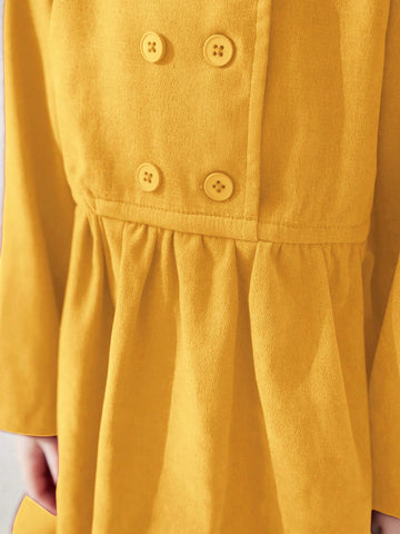 Blossori Young Girls' French Elegant Minimalist Double-Breasted Velvet Collar Long Sleeve Dresses